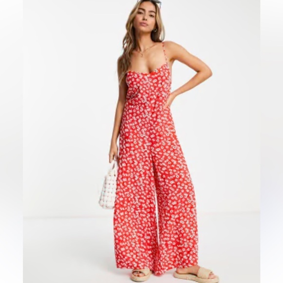 PATRONS OF PEACE wide legged red floral jumpsuit pockets boho tie back w… - Picture 1 of 11